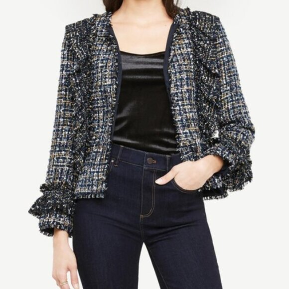 Ann Taylor Ruffle Tweed Blazer Size 6. Navy Blue Multicolor Shimmer Raw Edge - Picture 3 of 13